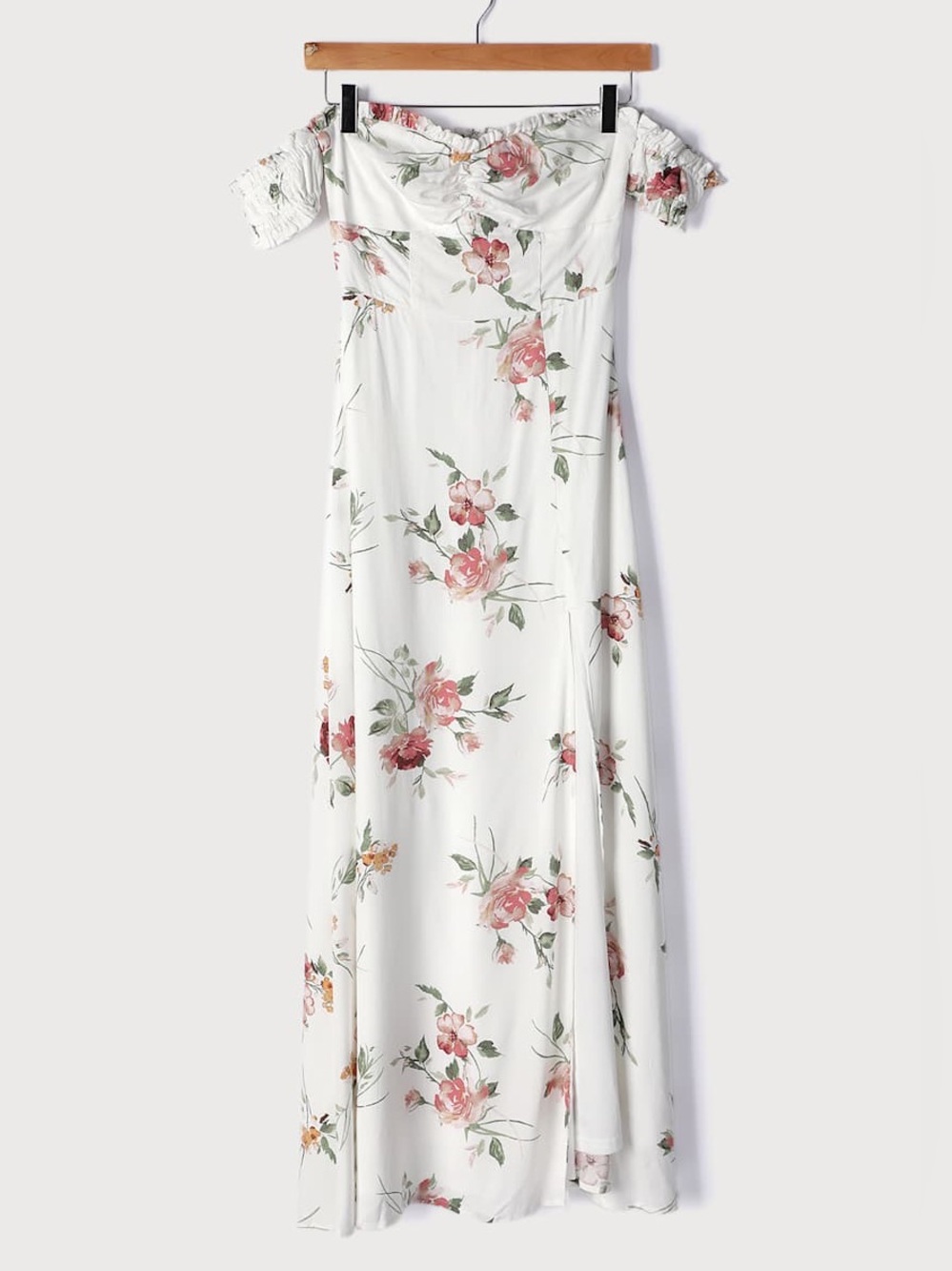 Lulu's White Off-Shoulder Floral Maxi Dress with Pink Blooms